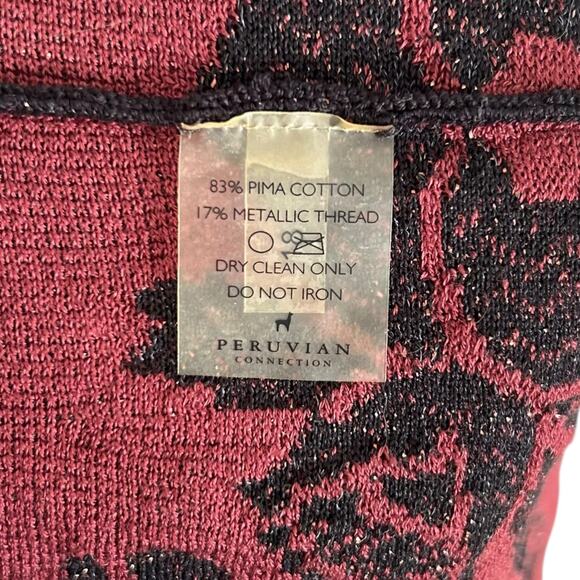 Peruvian Connection Metallic Wine Black floral dress Sz Medium Fit Flare V Neck - Picture 8 of 14